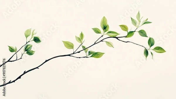 Fototapeta Elegant branch with green leaves on the right side, capturing the essence of nature and tranquility