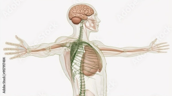 Fototapeta Comprehensive view of human anatomy featuring the nervous system, brain, and internal organs with arms extended, ideal for medical and educational purposes.