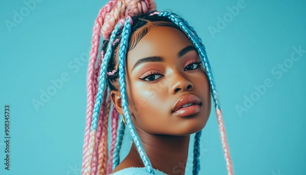 Fototapeta Attractive young black american female model with blue and pink pastel braids, isolated on an blue background, shot in a studio.	