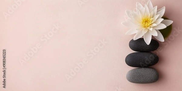 Fototapeta Serene Harmony: A white lotus flower blooms beside a stack of smooth black stones on a pastel pink background, exuding tranquility and balance. 