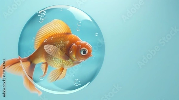 Fototapeta A goldfish swimming in a round, transparent container against a blue background.