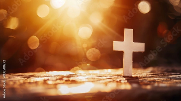 Fototapeta A photographic depiction of a white cross on a wooden surface, illuminated by soft, golden light