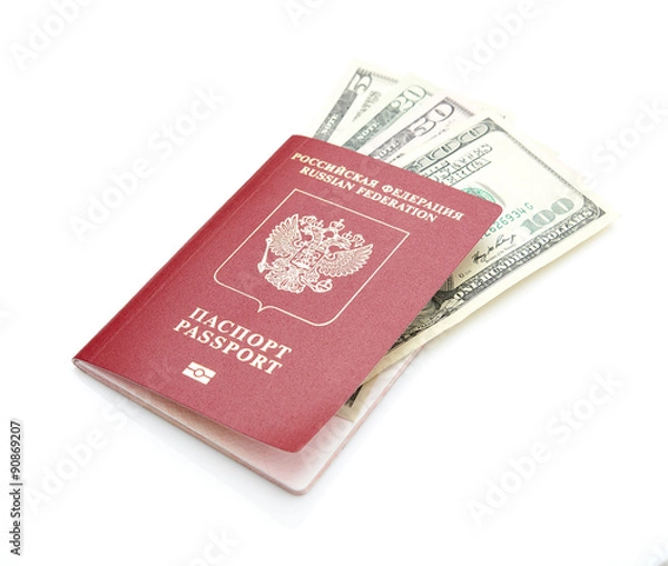 Fototapeta Russian passport with American dollars