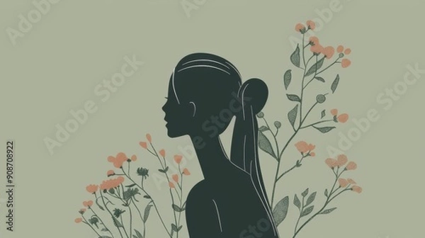 Fototapeta Chinese minimalism illustration, silhouette portrait of a woman with long, straight hair styled in a sleek high ponytail with a minimalistic headband, flat illustration Chinese figure illustration