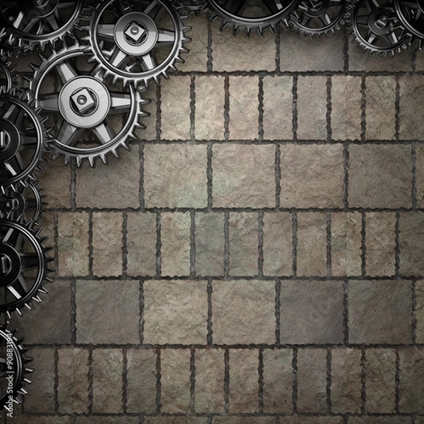 Fototapeta stone wall background with metal gears