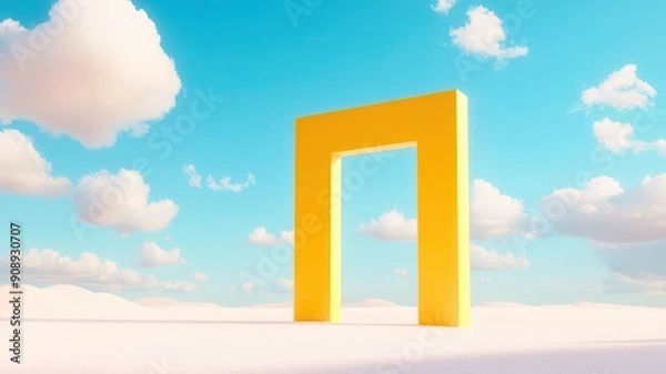 Fototapeta A vibrant yellow arch structure against a serene sky, symbolizing opportunity and creativity in a digital landscape.