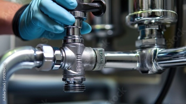 Fototapeta A technician wearing gloves adjusts a chrome valve connected to an industrial plumbing system, ensuring proper function during routine maintenance