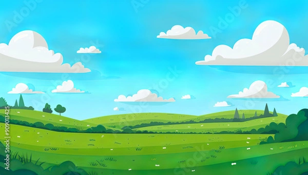 Fototapeta A cartoon vector illustration of a green meadow landscape with a...