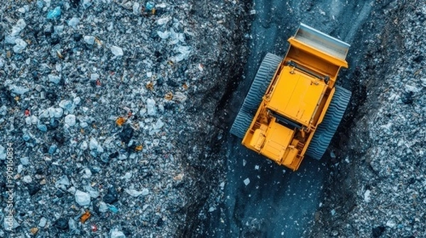 Fototapeta Overhead aerial shot focusing on a yellow construction truck handling tasks amidst a rocky, waste-covered site, stressing the harsh environment and machinery's efficiency.