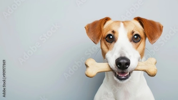 Fototapeta Adorable dog holding a bone-shaped treat in its mouth, against a gray background, displaying a playful and joyful expression.