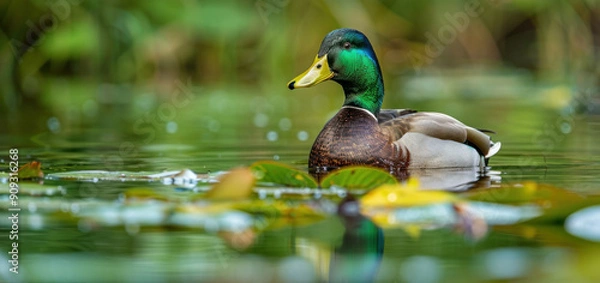 Fototapeta a close-up portrait of a bright mallard drake in a pond with lily pads and reflections