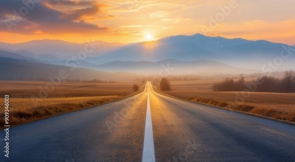 Fototapeta Serene Sunrise Over Misty Road in Mountain Valley