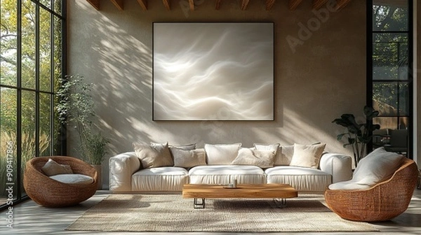 Obraz Minimalist Living Room with White Sofa, Wicker Chairs, and Abstract Artwork