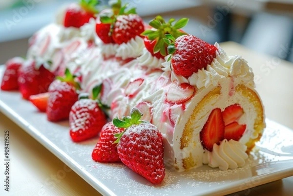 Fototapeta Delicious strawberry roll cake is lying on the white plate and decorated with fresh strawberries and whipped cream