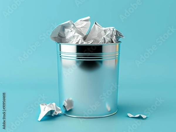 Fototapeta Metallic trash can with crumpled paper isolated on a blue background - ai