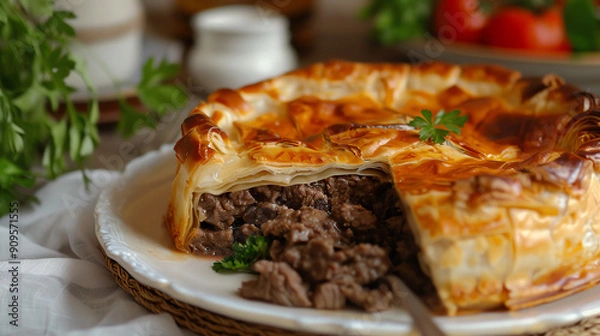 Fototapeta Delicious Homemade Meat Pie on a White Plate Surrounded by Fresh Ingredients in a Cozy Kitchen