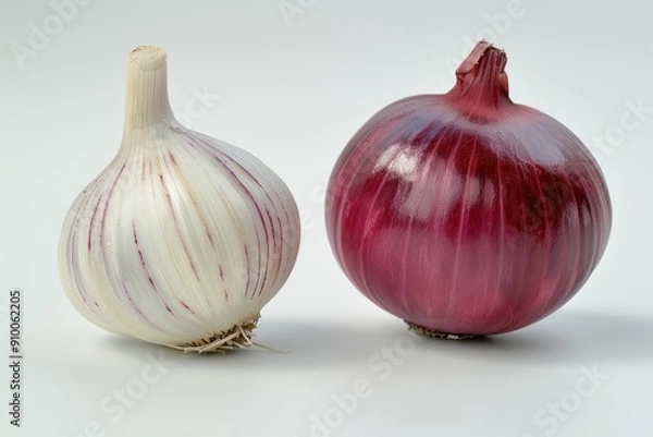 Fototapeta Garlic and red onion  on white