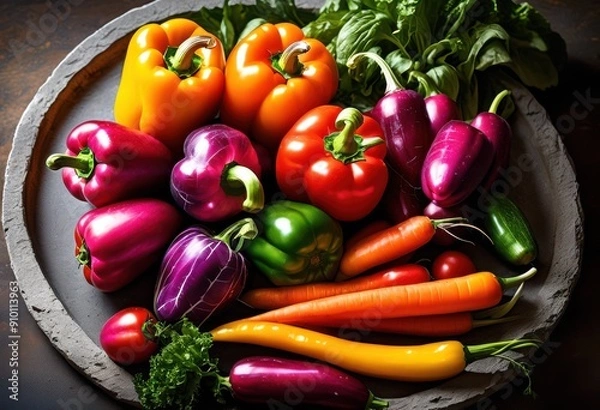 Fototapeta vibrant arrangement fresh vegetables displayed rustic stone platter showcasing abundance colors textures, colorful, nature, healthy, organic, food, variety