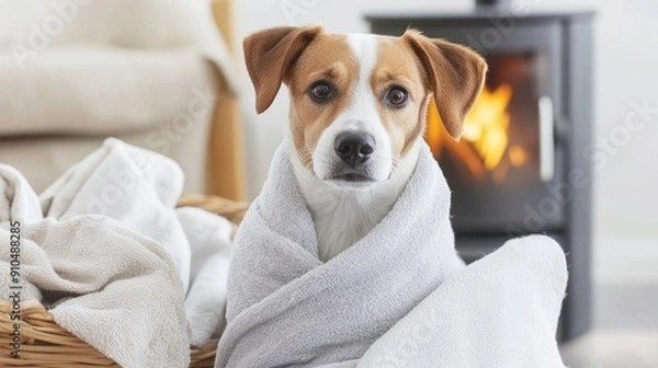 Fototapeta A dog wrapped in a soft blanket sits comfortably next to a warm fireplace, creating a cozy atmosphere in a charming living room