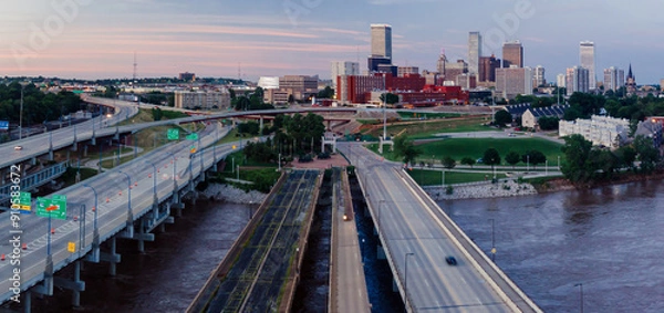 Fototapeta Historic Route 66 and downtown Tulsa city skyline, Oklahoma, United States.