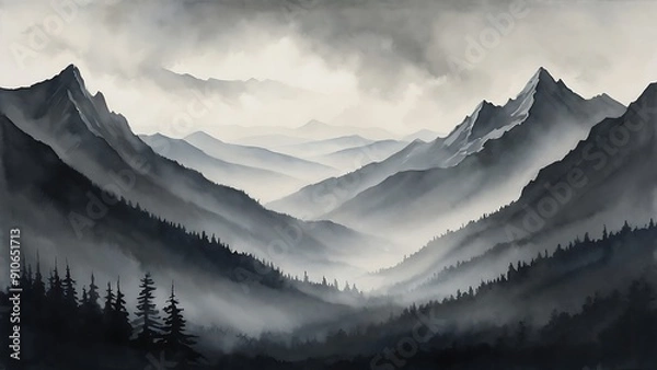 Fototapeta Monochromatic watercolor painting depicting a serene mountain landscape