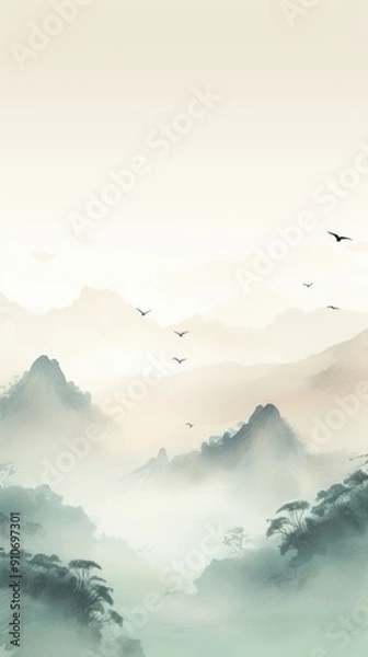 Fototapeta Flock of birds flying and mountain backgrounds landscape outdoors.