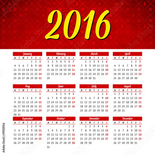 Fototapeta Calendar 2016 template design with header picture starts monday