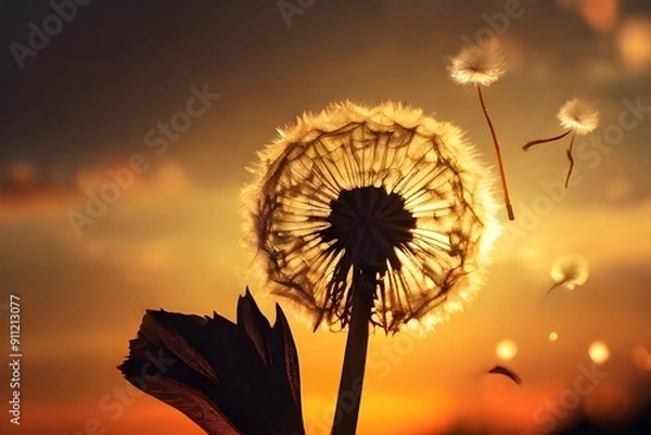 Fototapeta dandelion at sunset . Freedom to Wish. Dandelion silhouette fluffy flower on sunset sky Generative AI