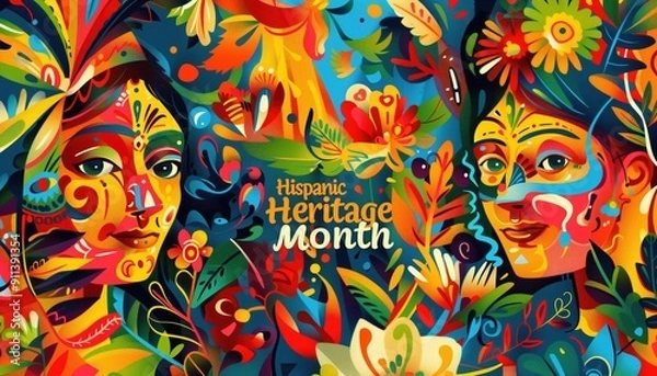 Fototapeta Colorful abstract art featuring two women with traditional face paint and vibrant floral patterns. Celebrates Hispanic Heritage Month concepts, promoting cultural diversity and artistic expressions.