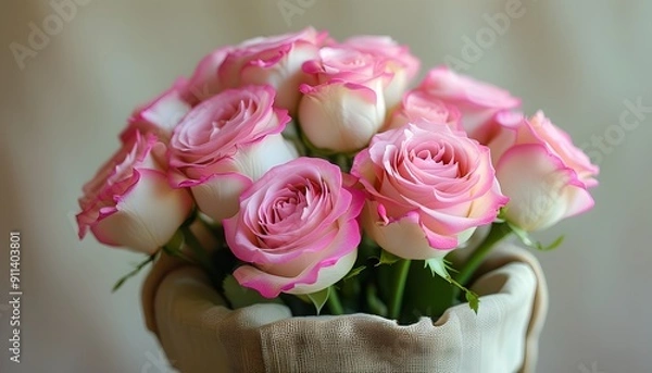 Fototapeta A bouquet of roses with pink edges is placed in a cloth bag with a soft background.