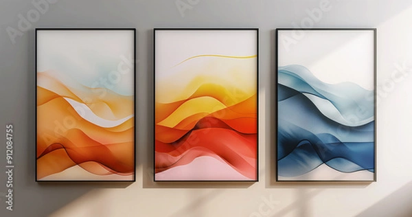 Fototapeta three framed art pieces of different colors on a wall