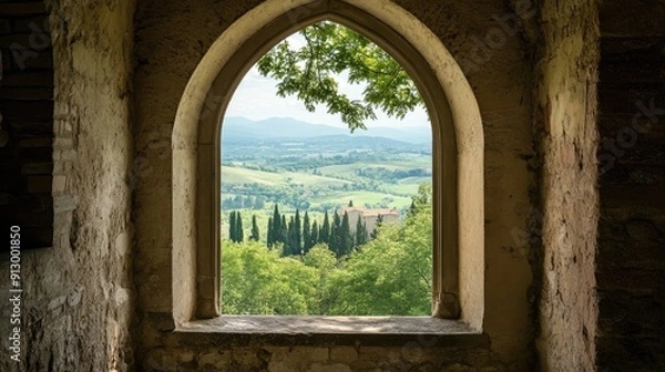 Fototapeta Charming arched window in an ancient stone building, with intricate details and a breathtaking countryside view.