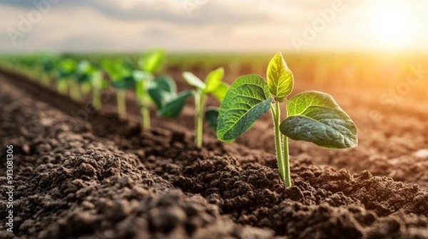 Fototapeta Young green plants sprouting in a field under bright sunlight Created with Generative AI.