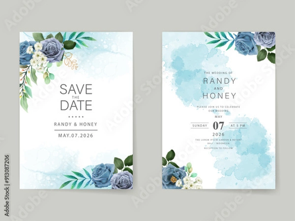 Fototapeta elegant blue flowers wedding invitation card