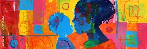 Fototapeta Child and babysitter drawing on colorful paper