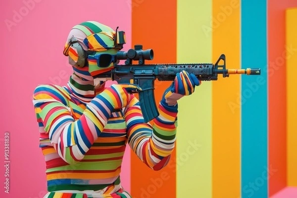 Obraz A man in a colorful outfit is holding a gun