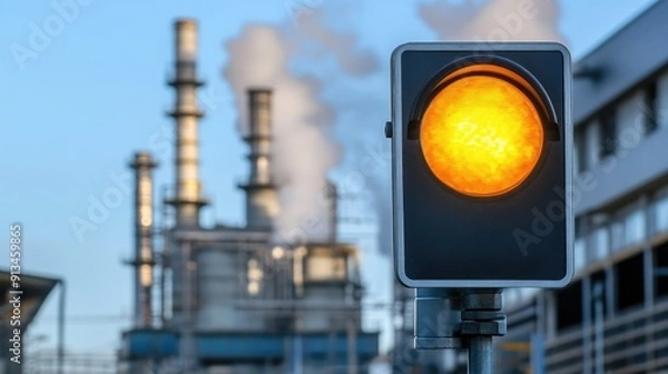 Fototapeta Traffic light displaying yellow signal in an industrial setting with smokestacks in the background, conveying caution and activity.