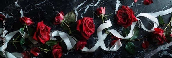 Fototapeta red roses, white ribbons, black marble background 