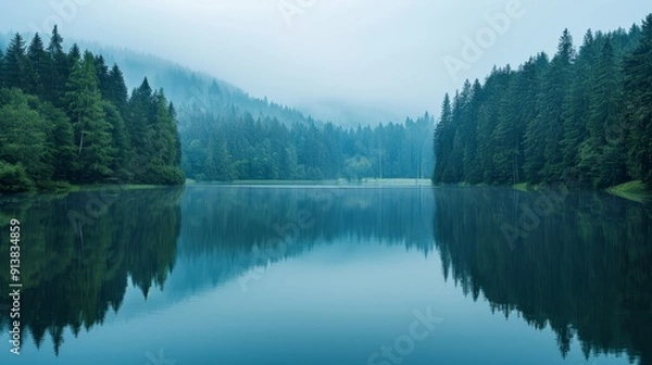 Fototapeta  Amidst a forest teeming with tall, verdant pine trees, a tranquil body of water lies nestled at its heart