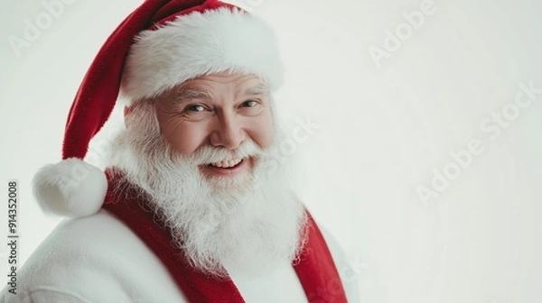 Fototapeta Santa claus is smiling in a festive portrait, radiating joy and happiness. His warm smile captures the magic of christmas, evoking feelings of generosity and anticipation