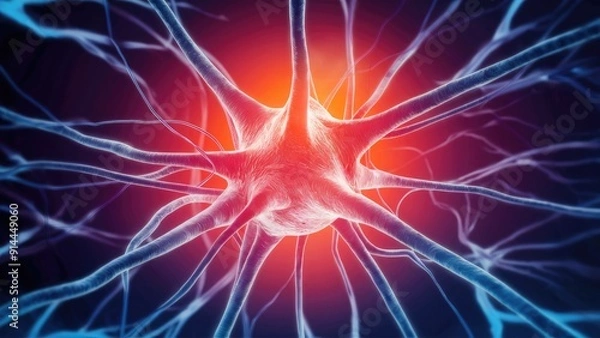 Fototapeta 3D rendering of a neuron transmitting signals within a neural network