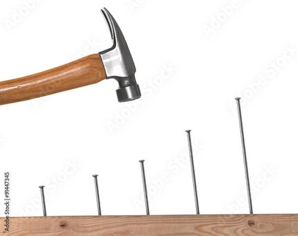 Fototapeta Hammer hitting nails that are rising up