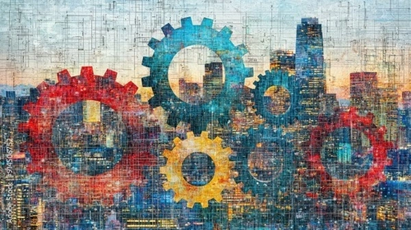 Fototapeta Colorful Gears Over Cityscape Blueprint Depicting Urban Industrial Concept