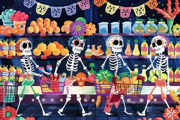 Fototapeta Skeletons shopping for groceries in a colorful supermarket during Dia de los Muertos celebration Day of the Dead. AI