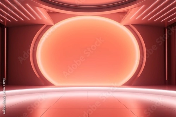 Fototapeta Abstract red room with a glowing circle and a platform.