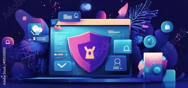 Fototapeta Digital Illustration of Cybersecurity Concept with a Shield and Assorted Icons on a Laptop Screen Representing Data Protection and Online Safety