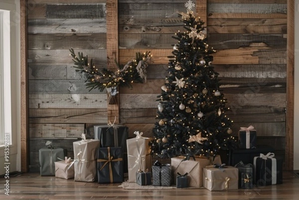 Fototapeta Christmas Tree with Black and Gold Presents Against a Rustic Wooden Wall: A Cozy and Elegant Holiday Display with Seasonal Charm