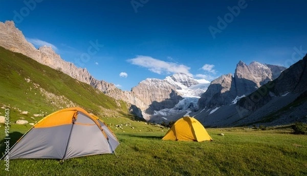 Fototapeta Mountain camping with a fishing spot.