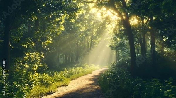 Fototapeta Enchanted forest path, vibrant green foliage, sunbeams piercing through trees, misty atmosphere, golden hour light, tall ancient trees, dappled sunlight on forest floor.