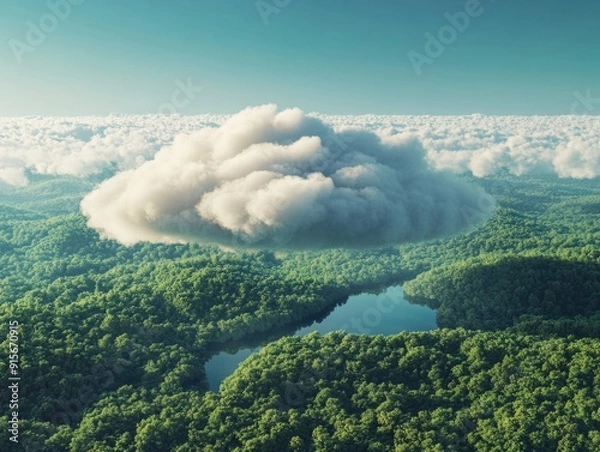 Fototapeta A white cloud hovering above the tops of some trees